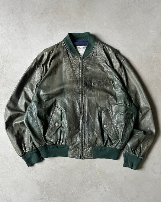 1980s - Faded Green Leather Bomber Jacket - XL