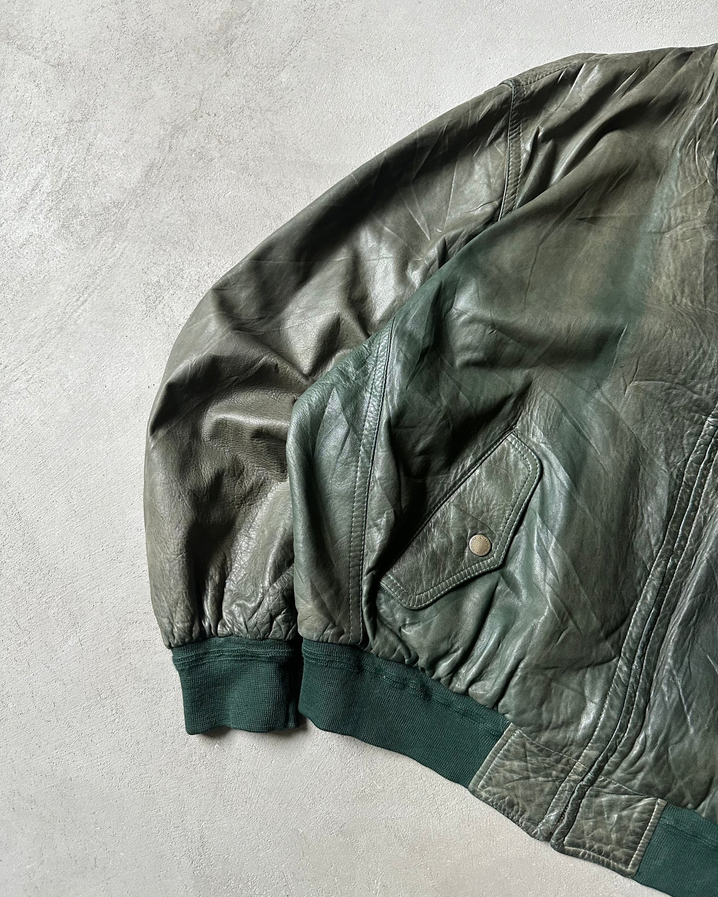 1980s - Faded Green Leather Bomber Jacket - XL