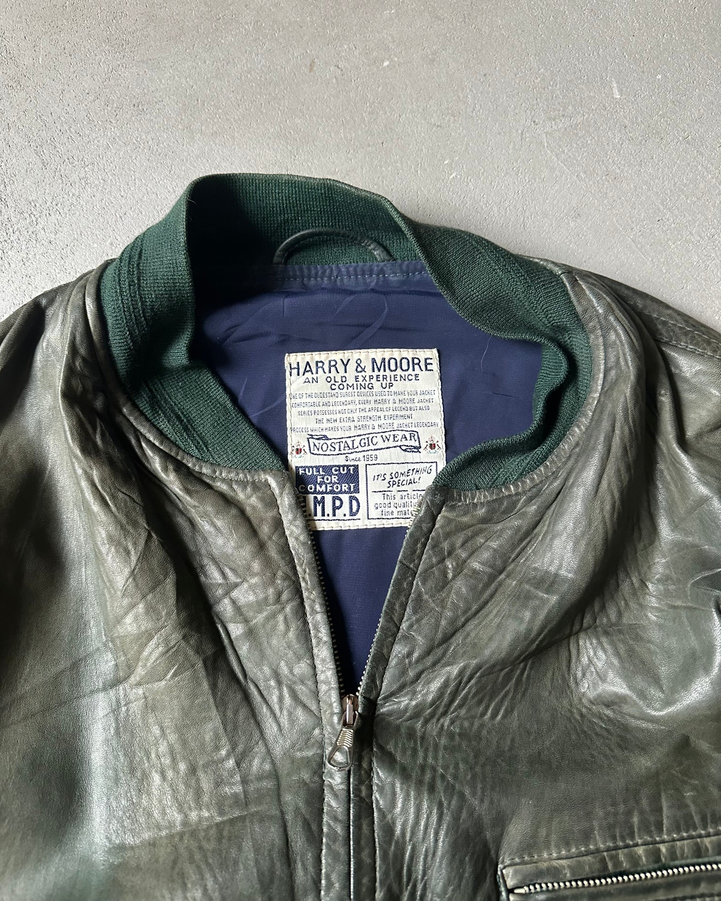 1980s - Faded Green Leather Bomber Jacket - XL