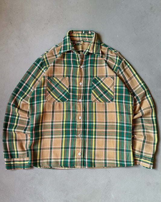 1960s - Distressed Green/Yellow Plaid Flannel - L