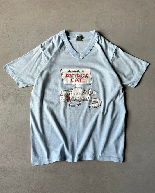 1980s- Light Blue "Attack Cat" T-Shirt - S/M