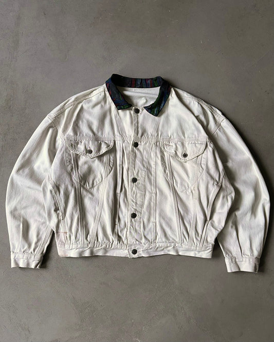 1990s - Distressed Cream Trucker Jacket - M/L