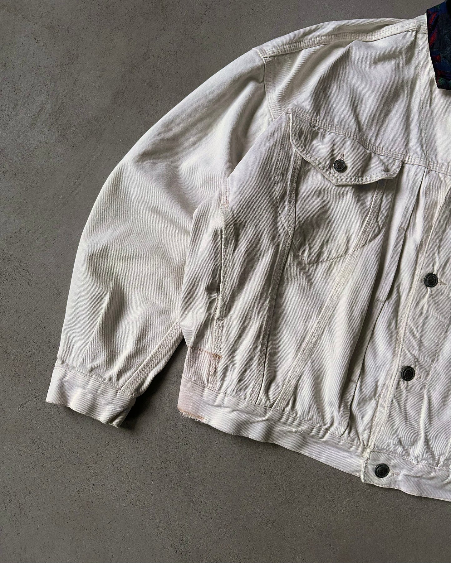 1990s - Distressed Cream Trucker Jacket - M/L