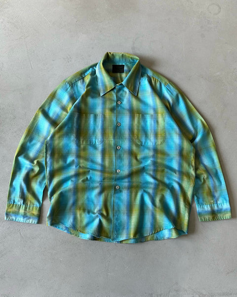 1970s - Blue/Green Shadow Plaid Loop Collar Shirt - L