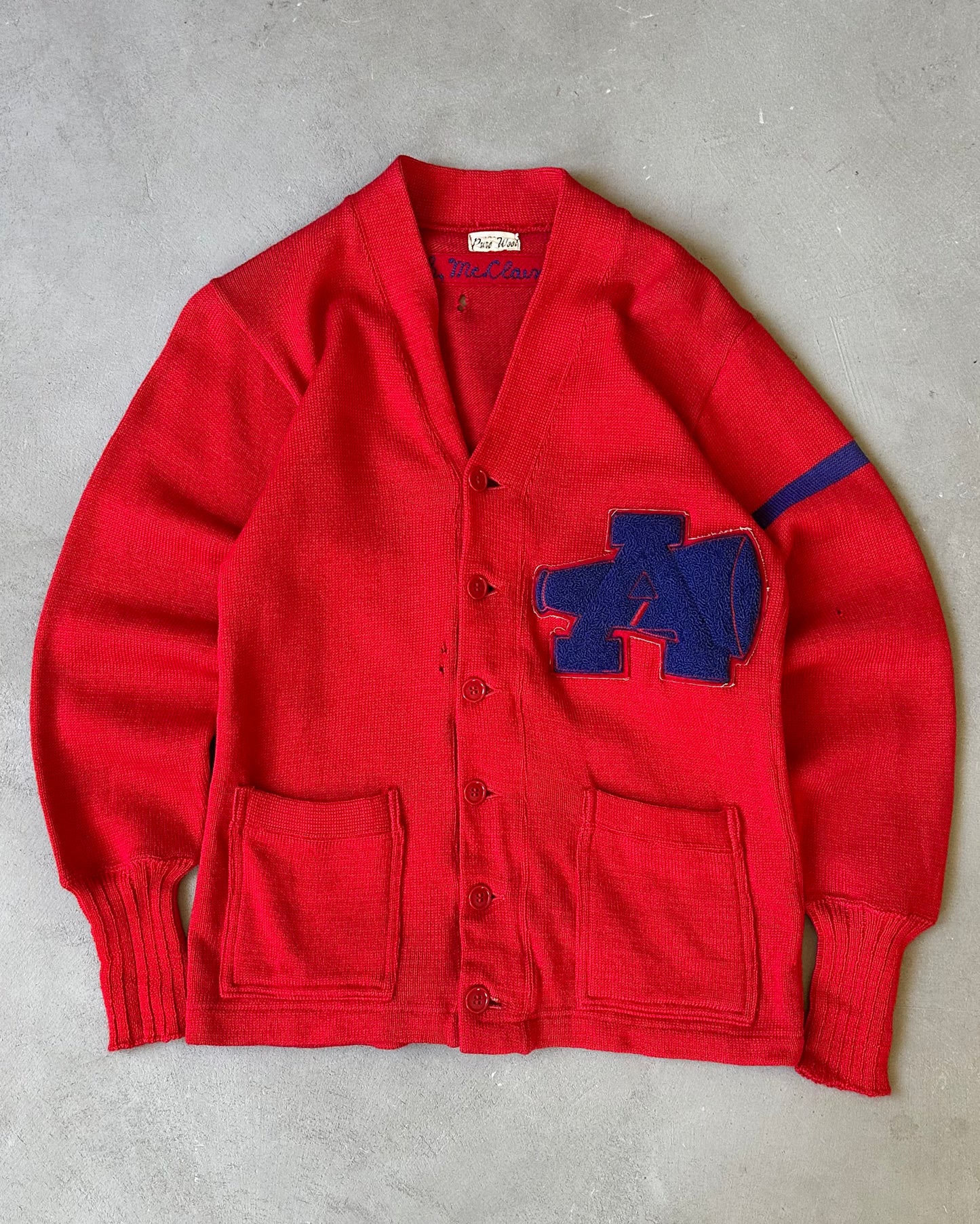 Années 1960 - Cardigan Letterman Rouge vieilli - T/M