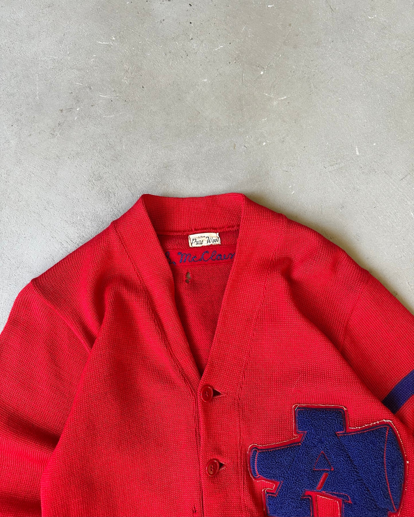 Années 1960 - Cardigan Letterman Rouge vieilli - T/M