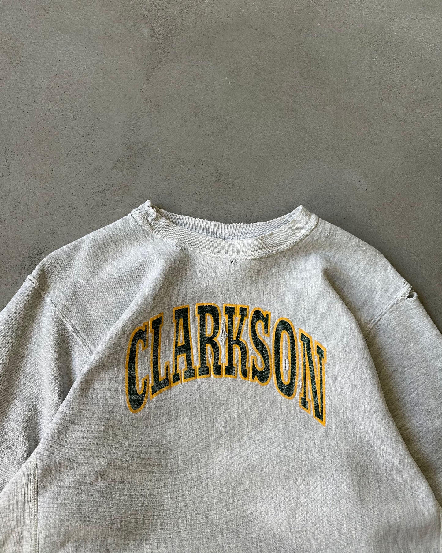 1990s - Distressed Ash Grey Clarkson Champion RW Crewneck - M