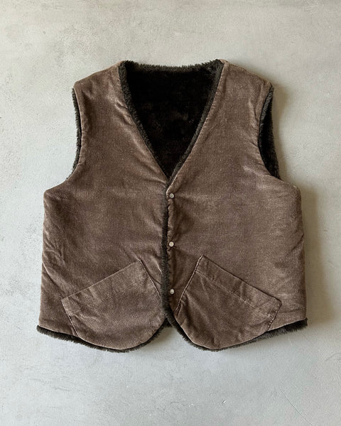 1970s - Brown Pearl Snap Faux Fur Vest - M