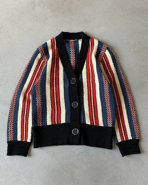 1970s - Blue/Red Stripped Wool Cardigan - (W)XS