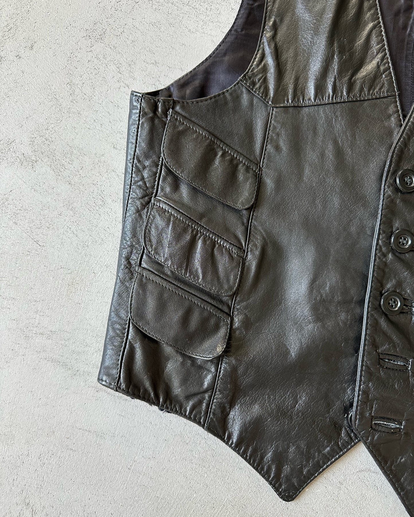 1970s - Black Leather Vest - S/M