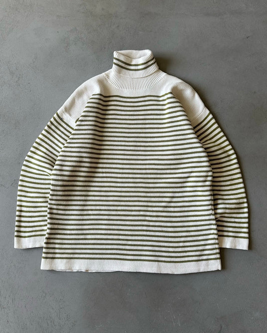 1990s - Cream/Green GAP Striped Turtleneck Sweater - S