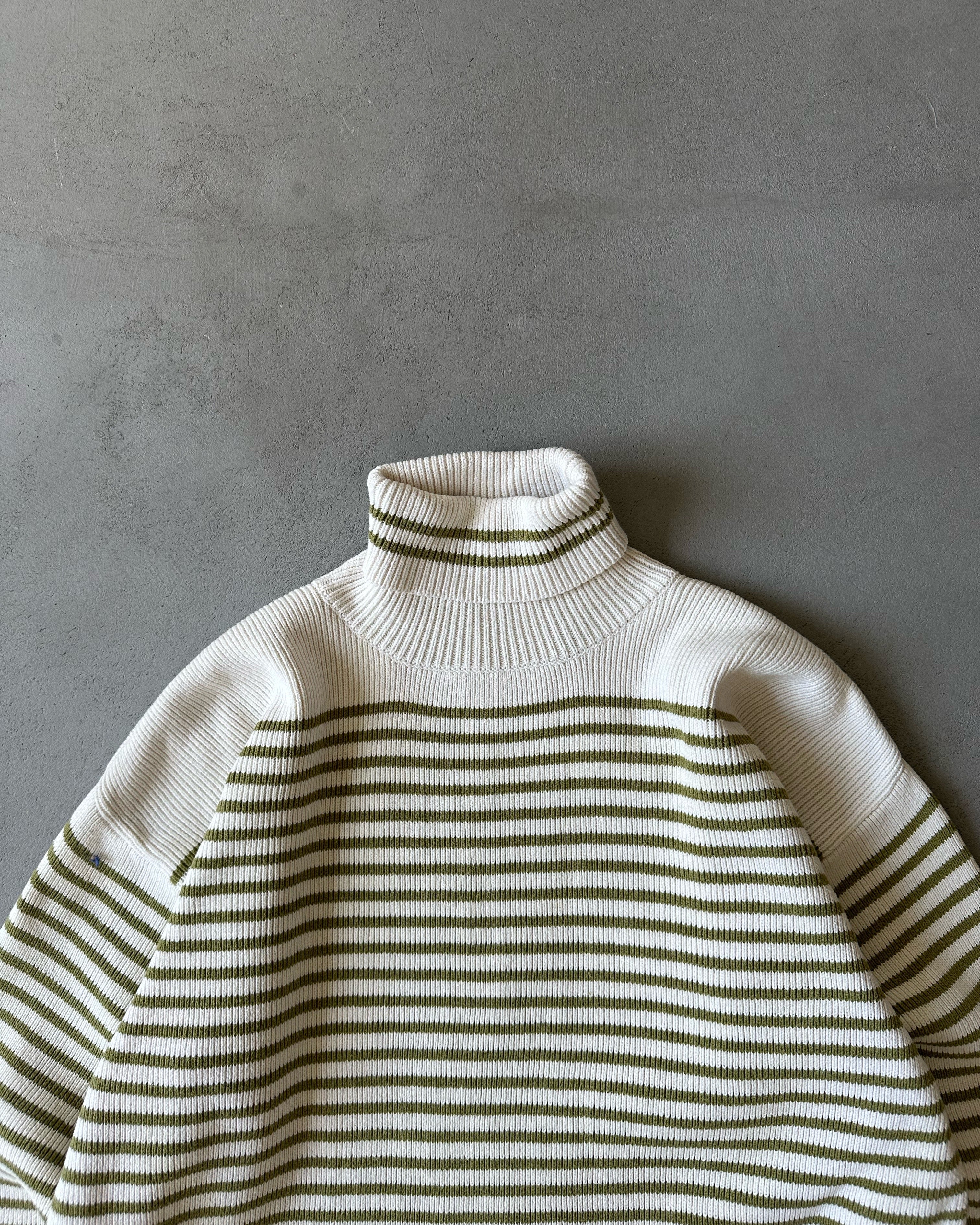 1990s Cream Green GAP Striped Turtleneck Sweater S