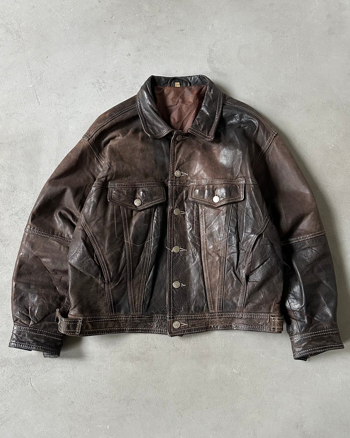 Années 90 - Blouson style "Trucker" en cuir marron délavé - T. S/M