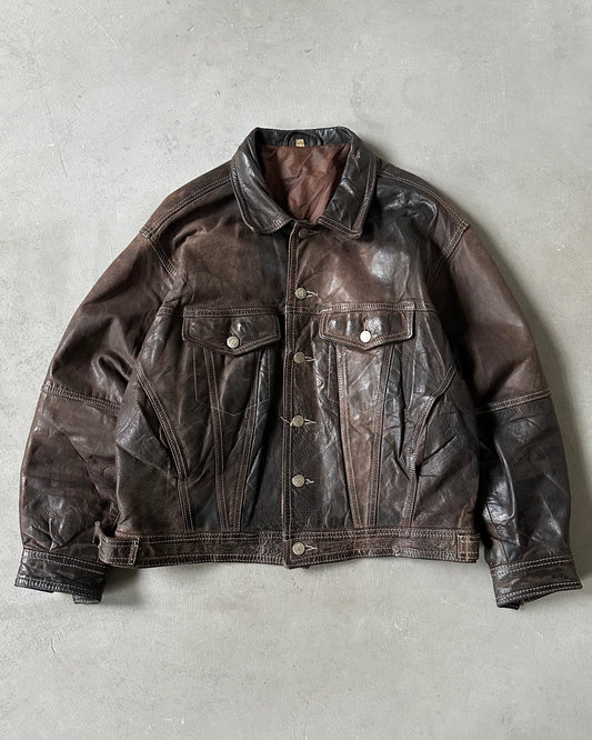 1990s - Faded Brown Leather Trucker Jacket - S/M