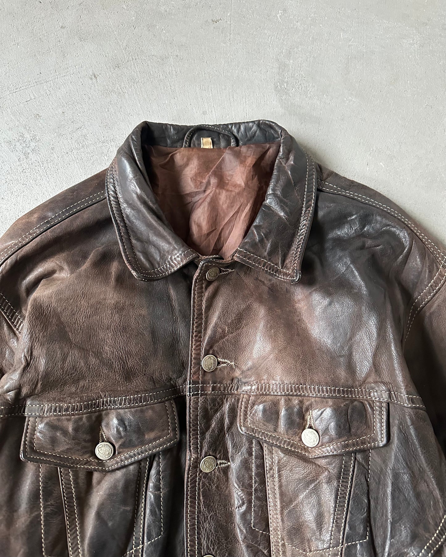 Années 90 - Blouson style "Trucker" en cuir marron délavé - T. S/M