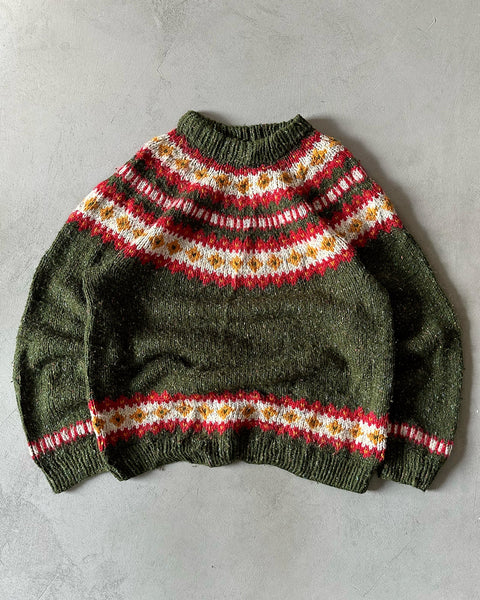 1970s - Green/Red Nordic Wool Sweater - XL