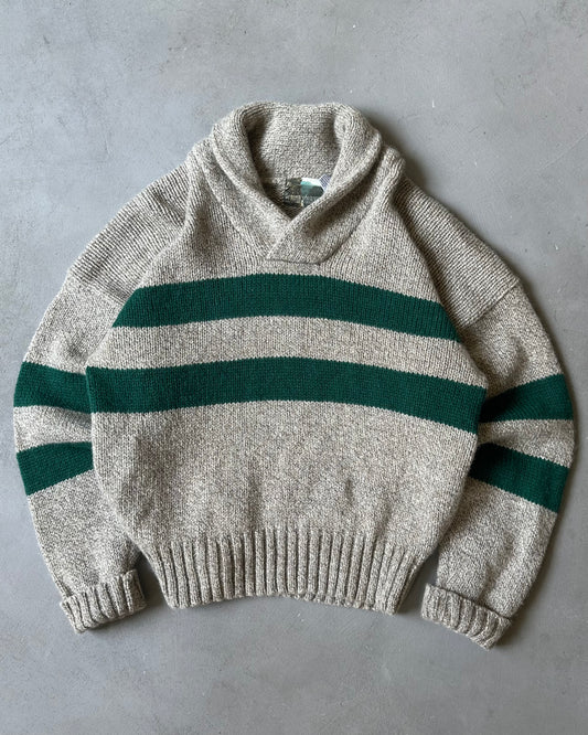 1990s - Oatmeal/Green Striped Shawl Sweater - L/XL