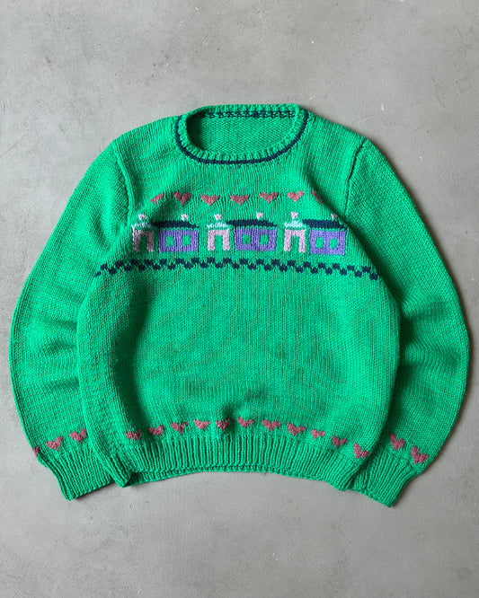 1980s - Green Hand Knit "House" Sweater - M