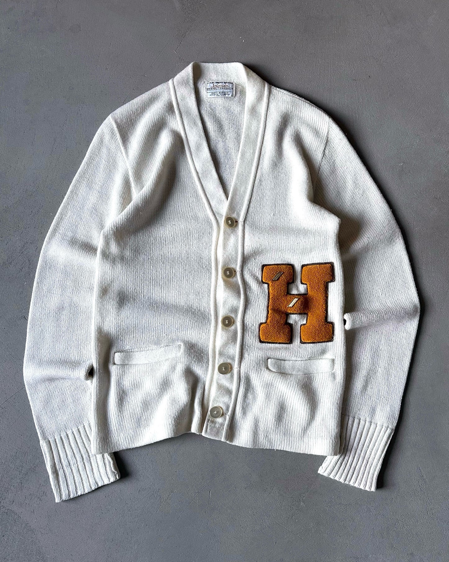 1970s - Cream "H" Letterman Acrylic Cardigan - S