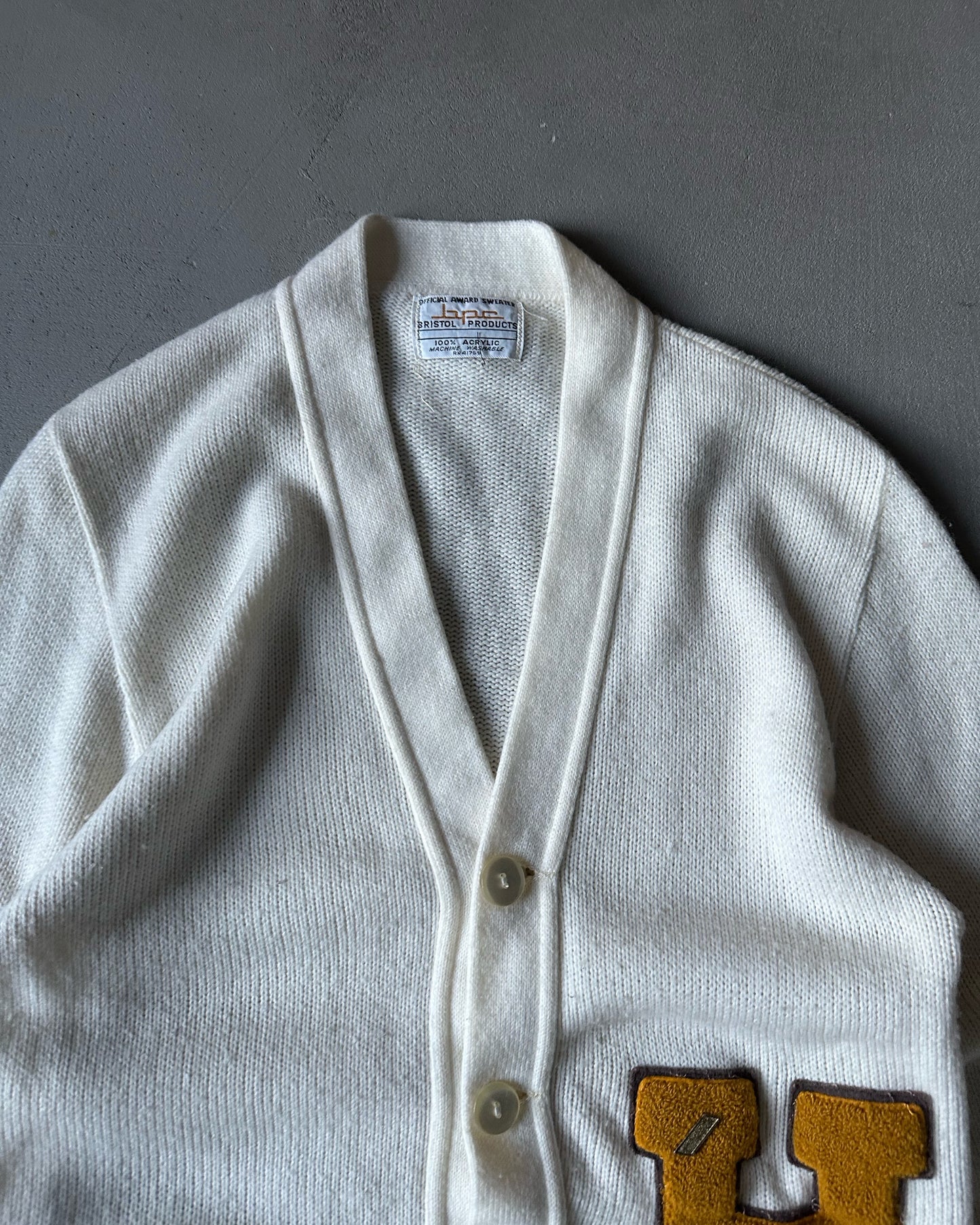 1970s - Cream "H" Letterman Acrylic Cardigan - S