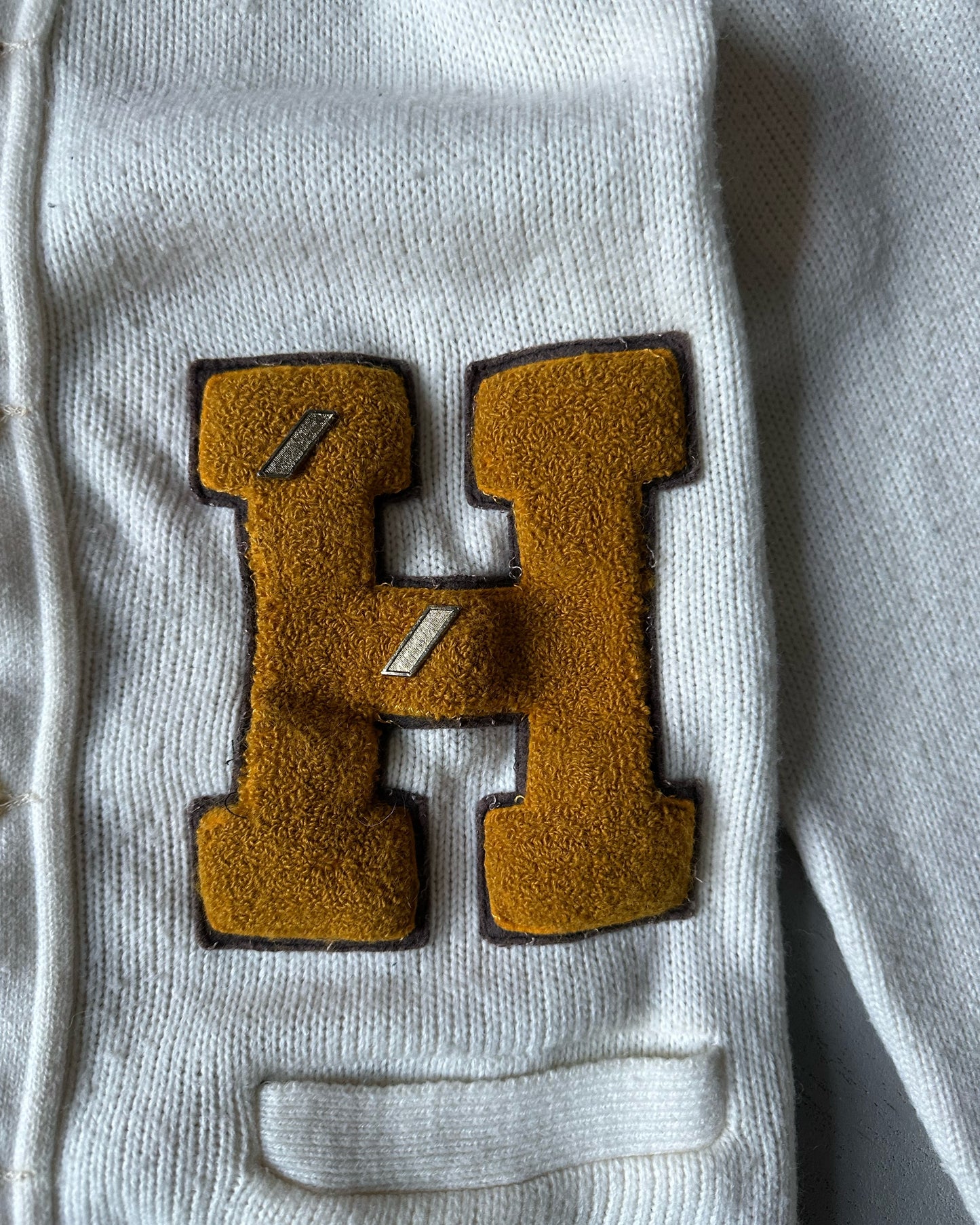 1970s - Cream "H" Letterman Acrylic Cardigan - S