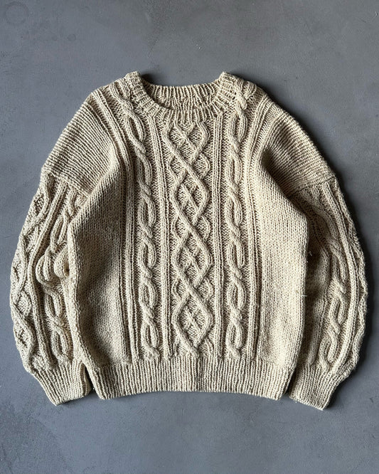 1980s - Beige Hand Knitted Sweater - XL