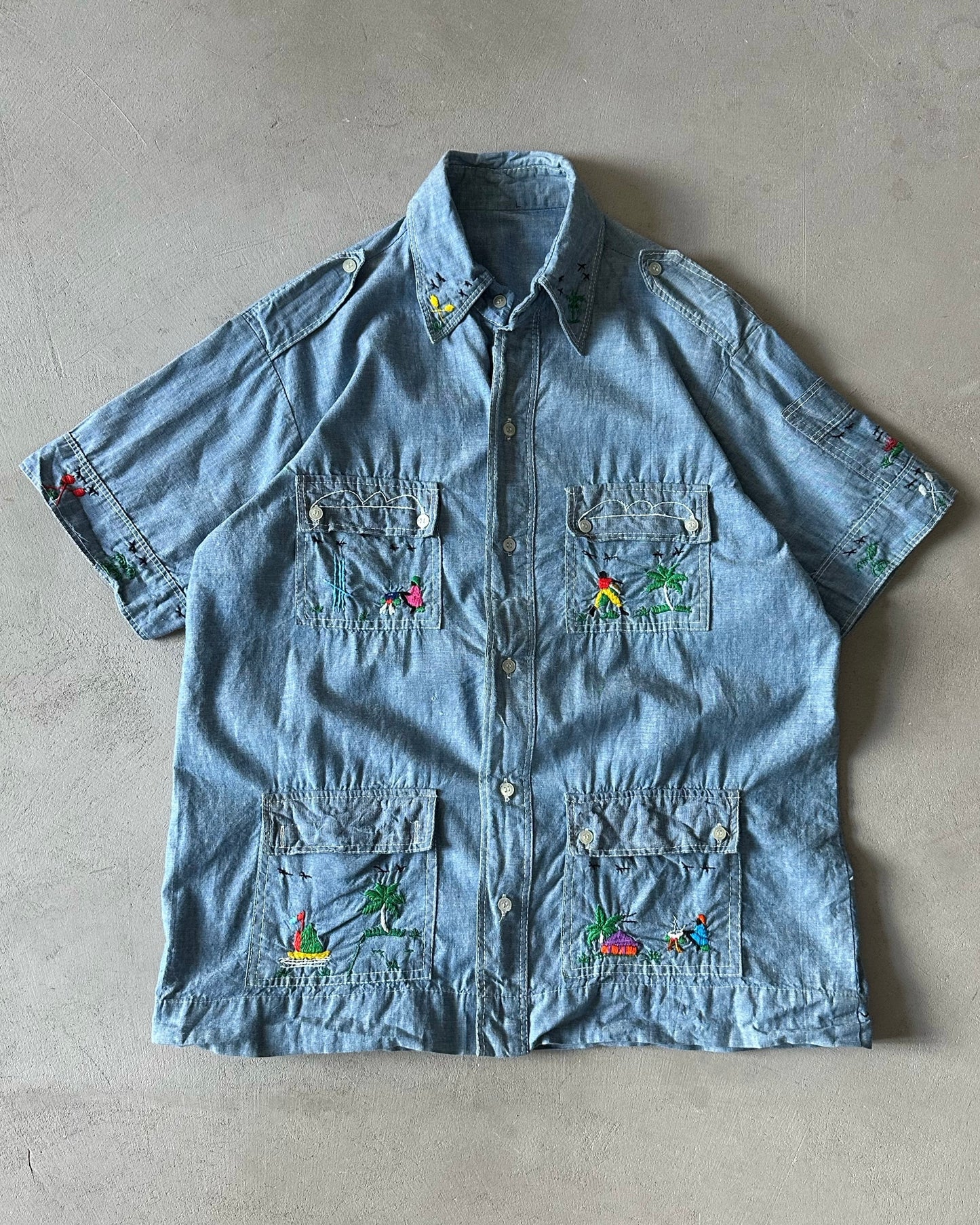 1970s - Blue Embroidered Chambray Shirt - L