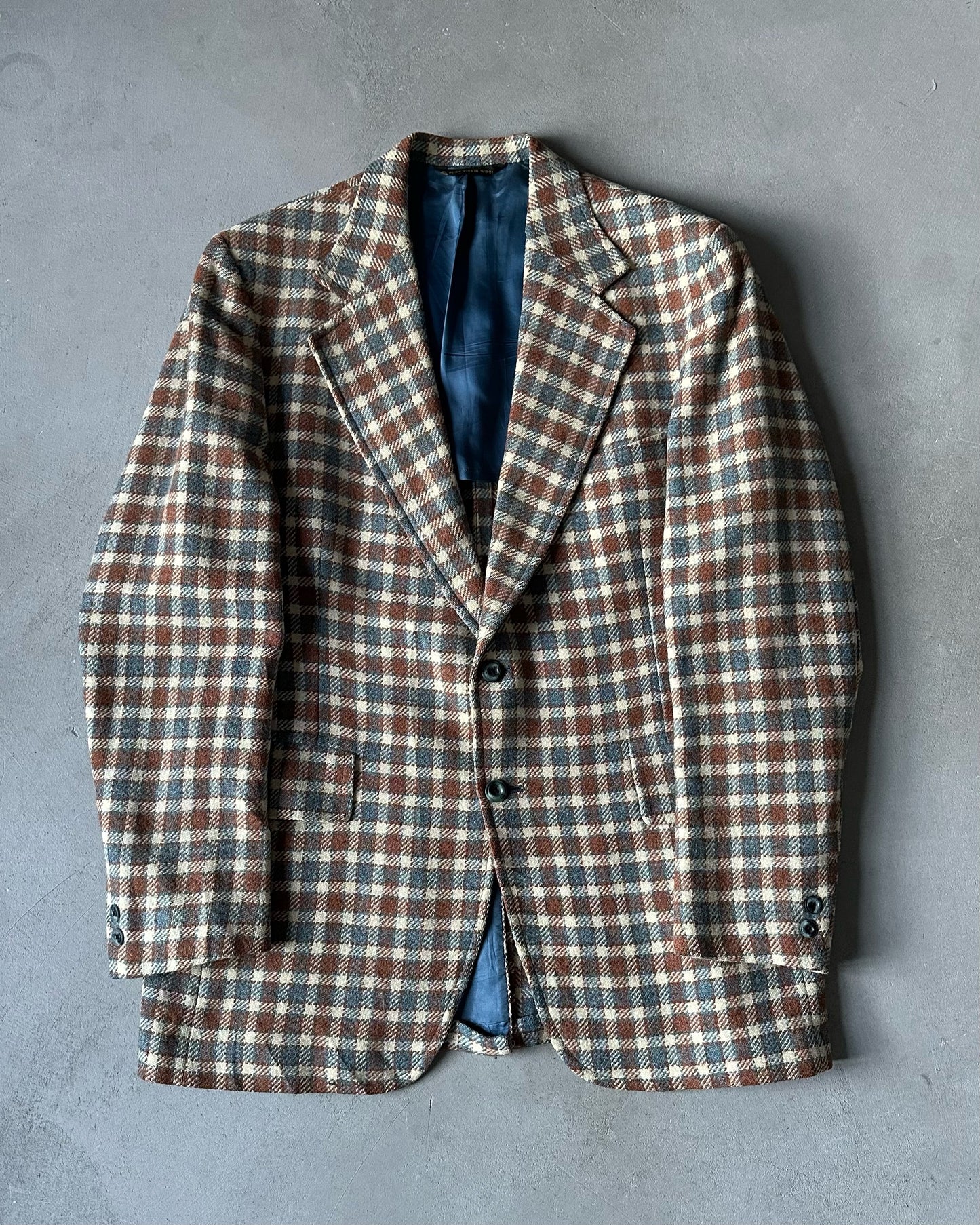 1970s - Blue/Brown Plaid Tweed Blazer - 44L