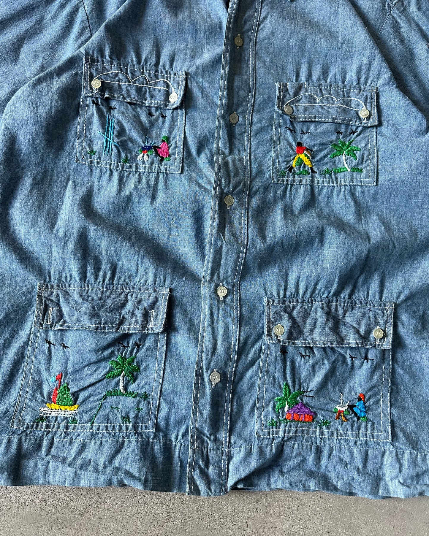 1970s - Blue Embroidered Chambray Shirt - L