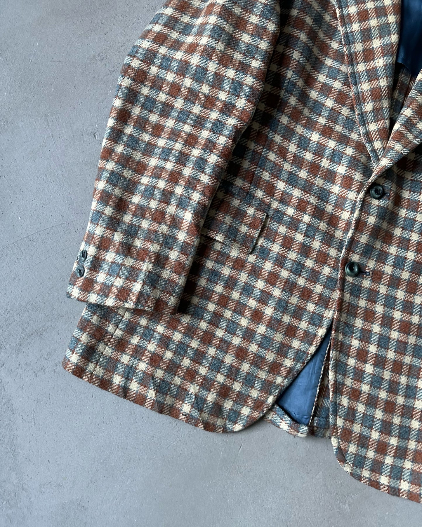 1970s - Blue/Brown Plaid Tweed Blazer - 44L