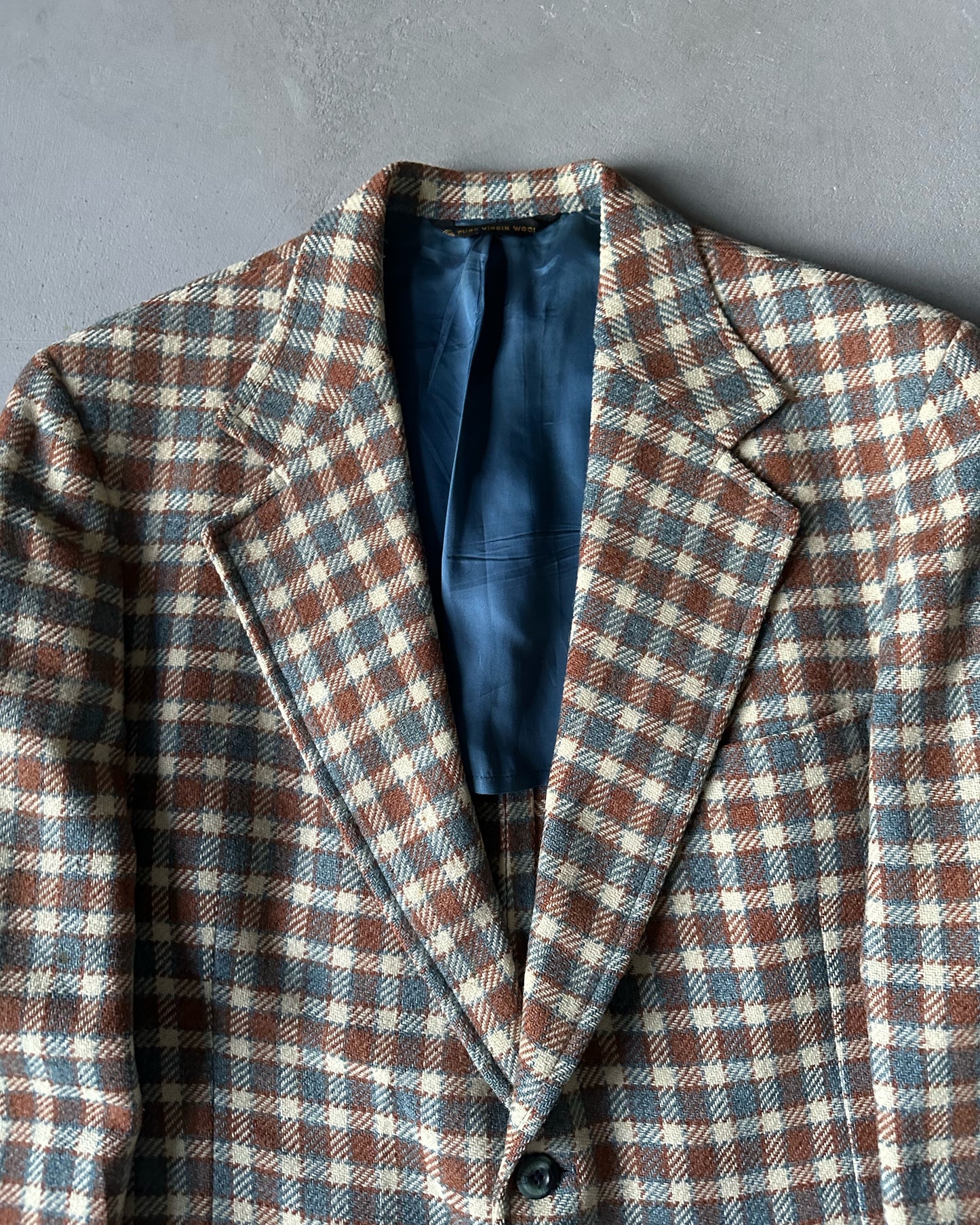 1970s - Blue/Brown Plaid Tweed Blazer - 44L