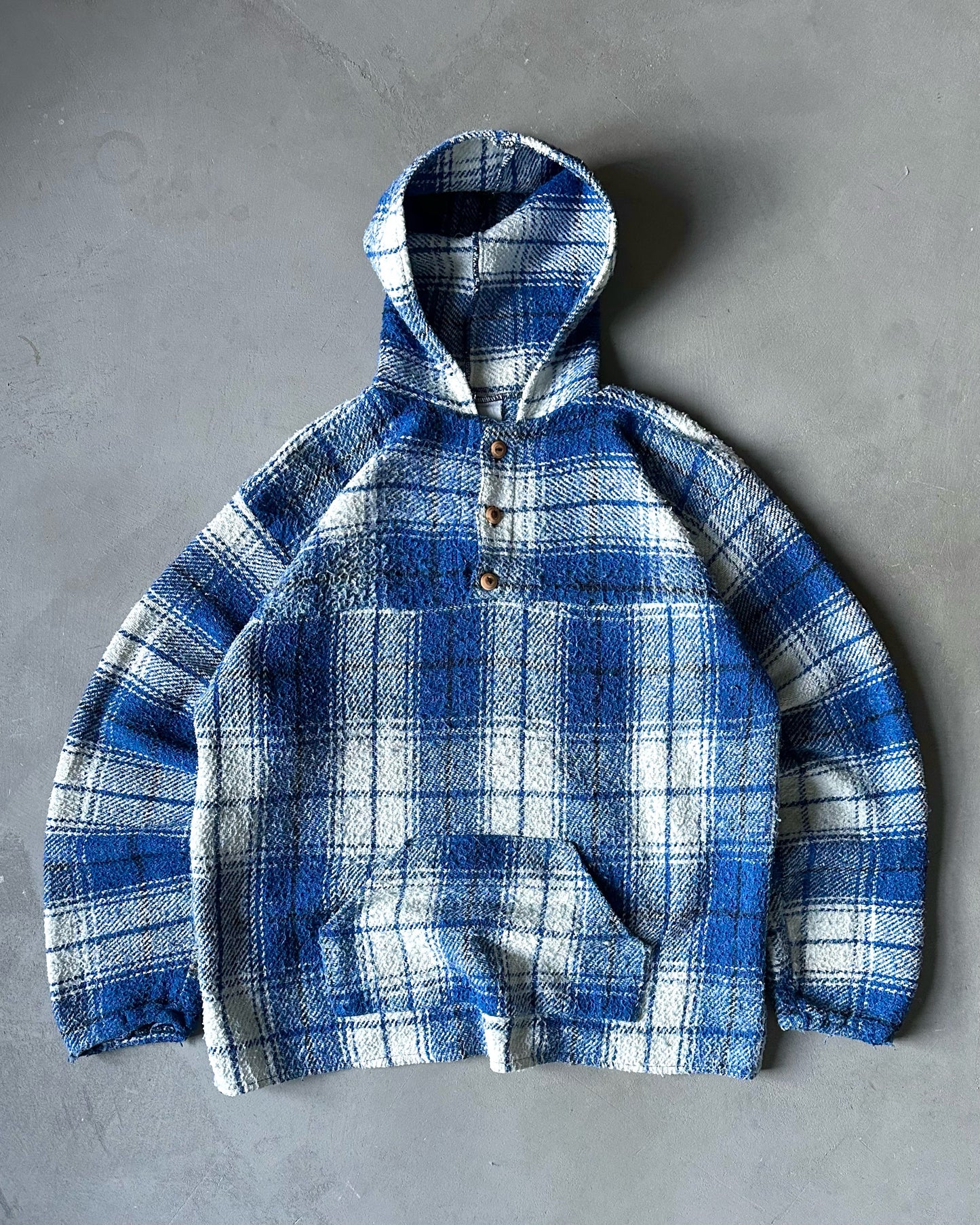 1990s - Distressed Blue/White Plaid Jacquard Hoodie - XL