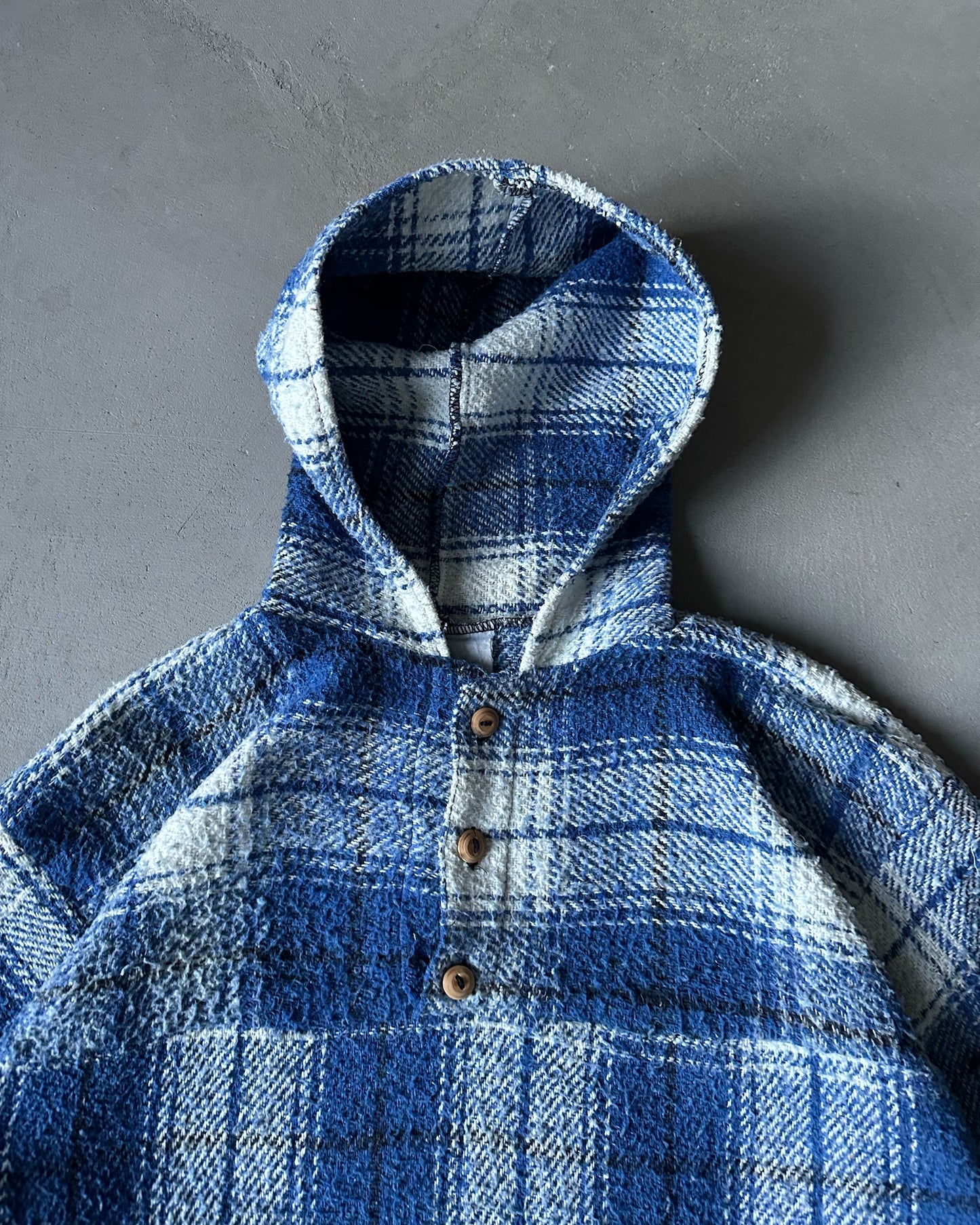 1990s - Distressed Blue/White Plaid Jacquard Hoodie - XL