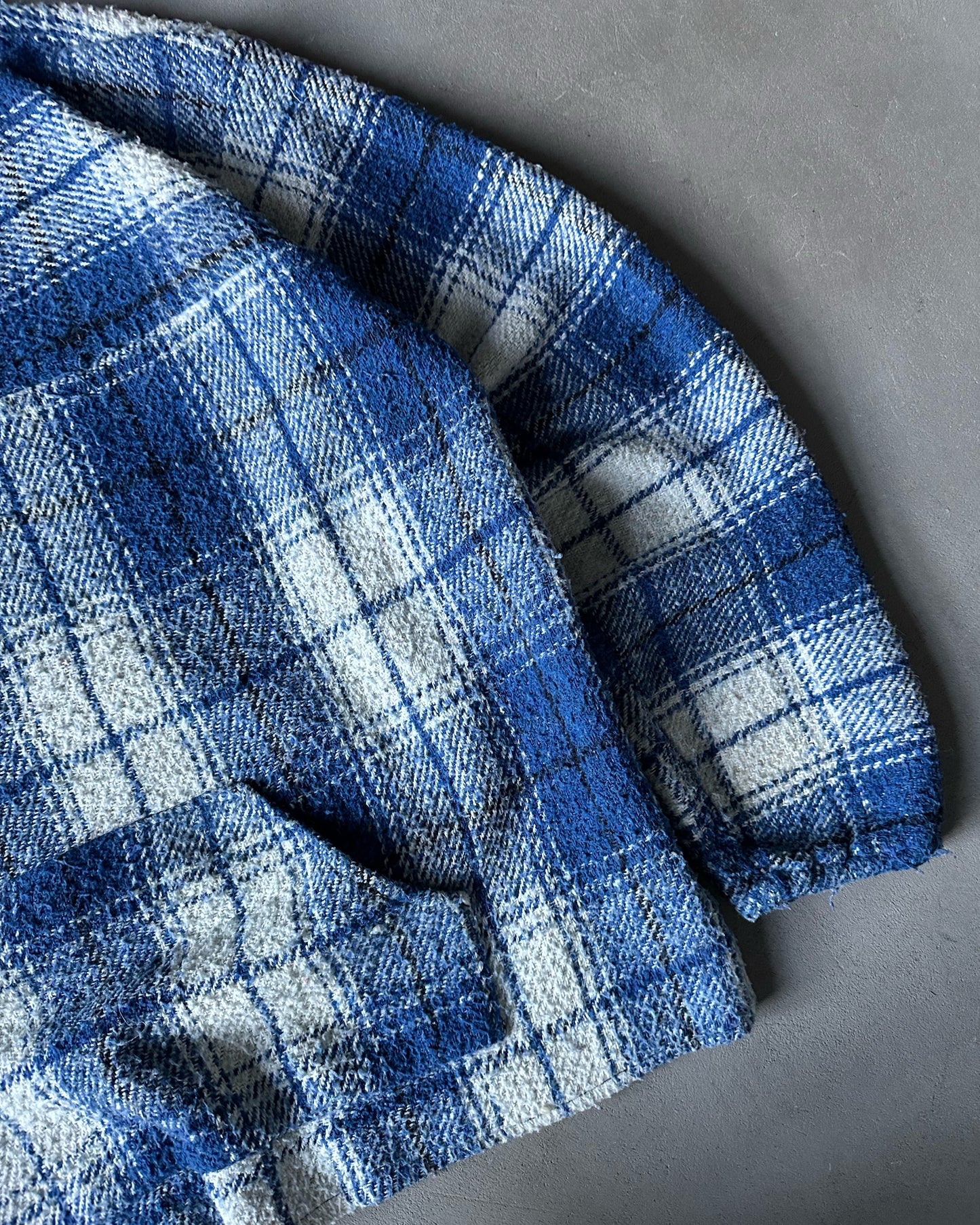 1990s - Distressed Blue/White Plaid Jacquard Hoodie - XL