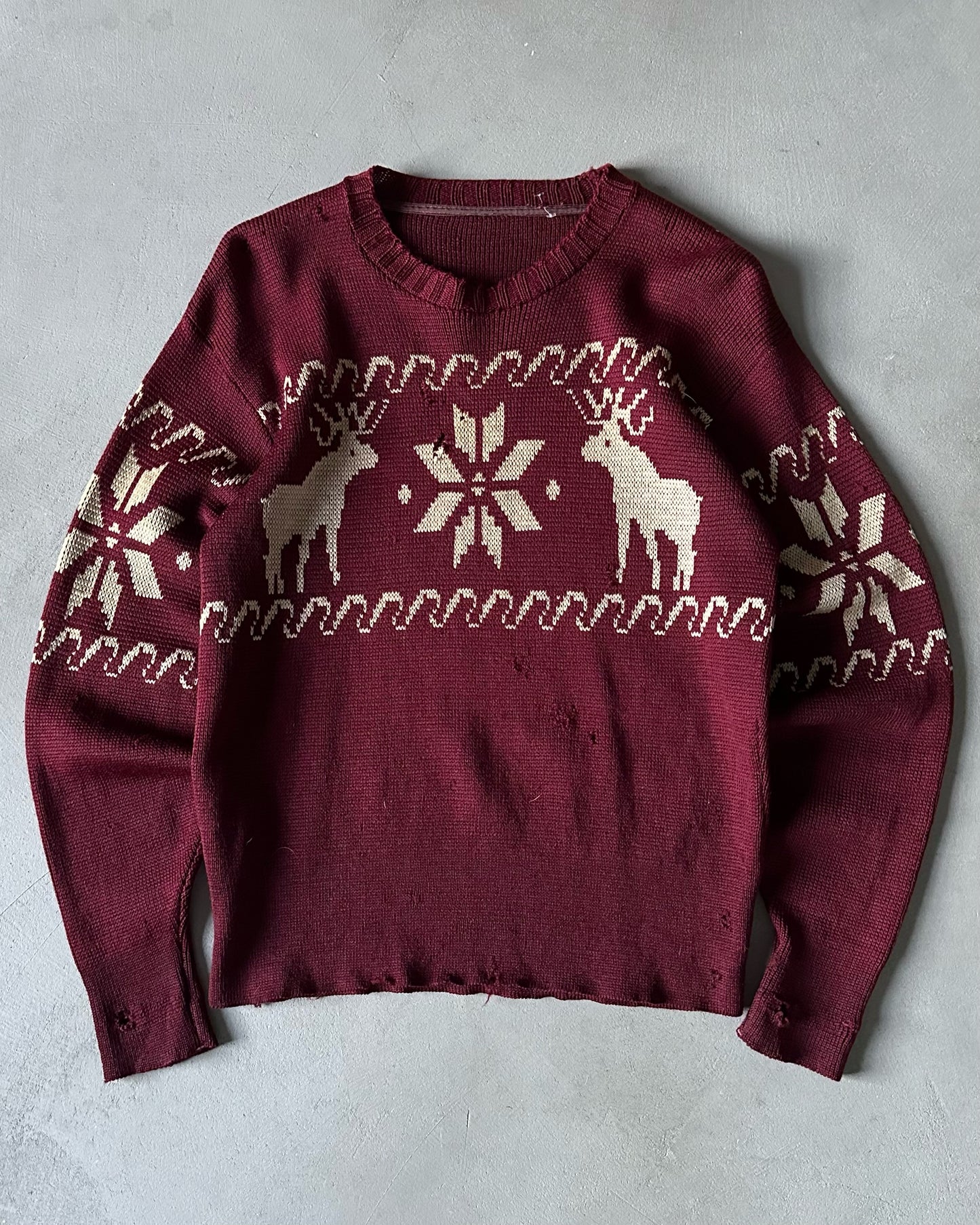 1940s - Distressed Burgundy Elk Sweater - M