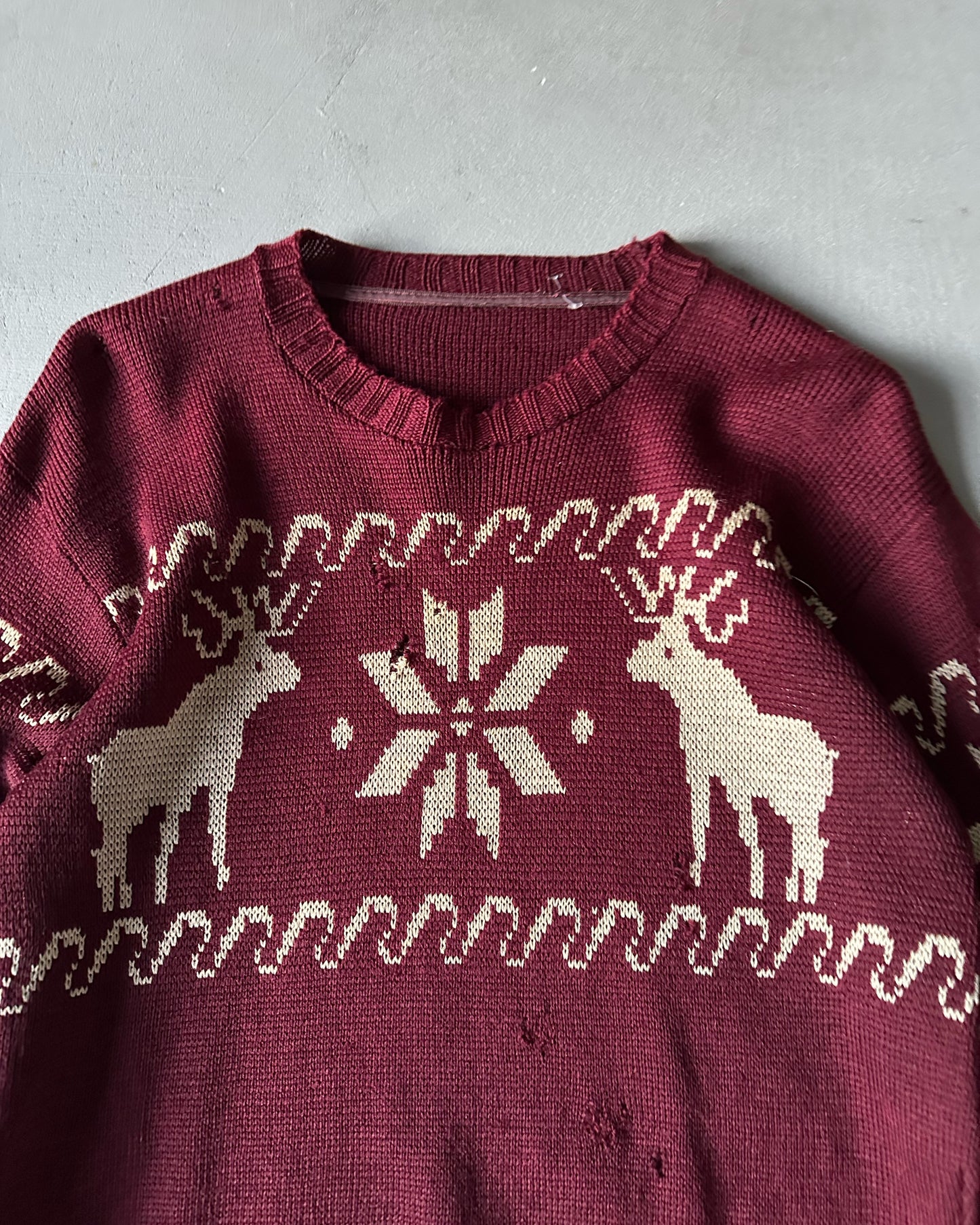 1940s - Distressed Burgundy Elk Sweater - M