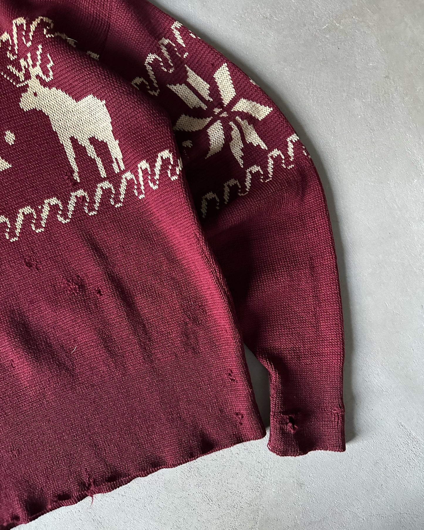 1940s - Distressed Burgundy Elk Sweater - M