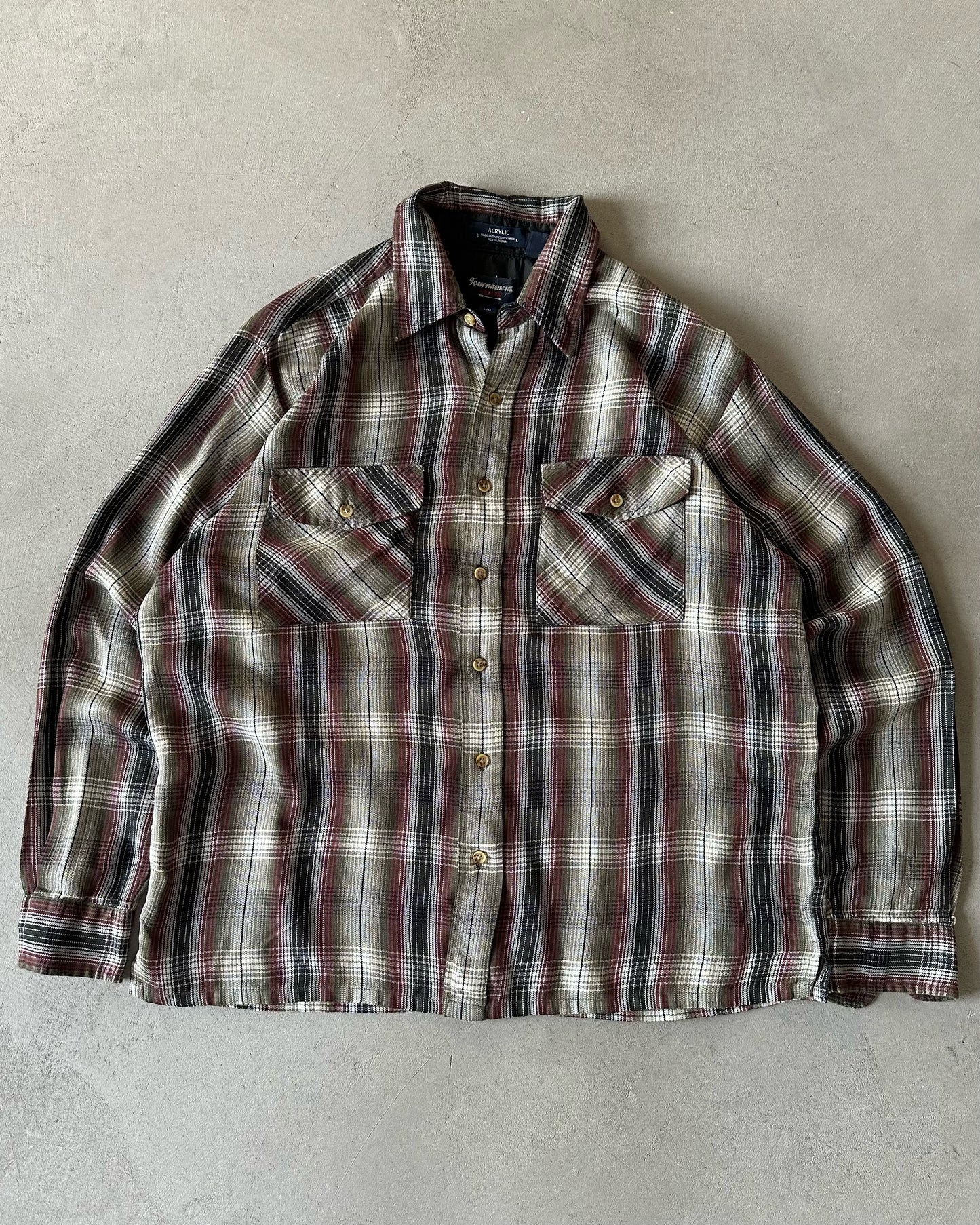 1990s - Distressed Green/Burgundy Arrow Plaid Flannel - L