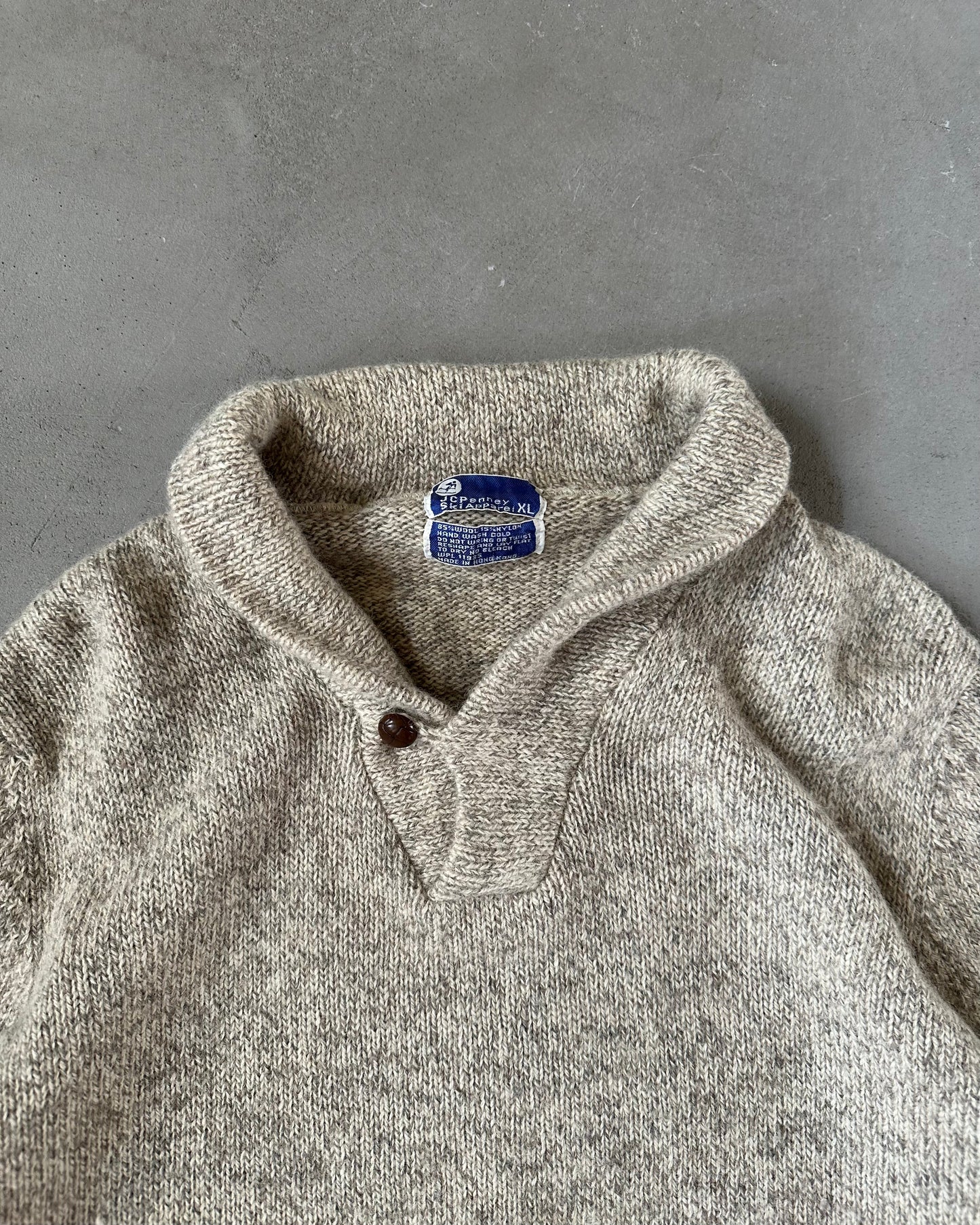 1970s - Oatmeal Shawl Wool Sweater - L