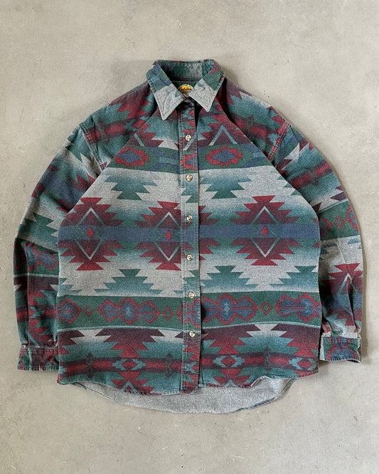 1990s - Green/Red Aztec Women's Chamois Shirt - (W)M