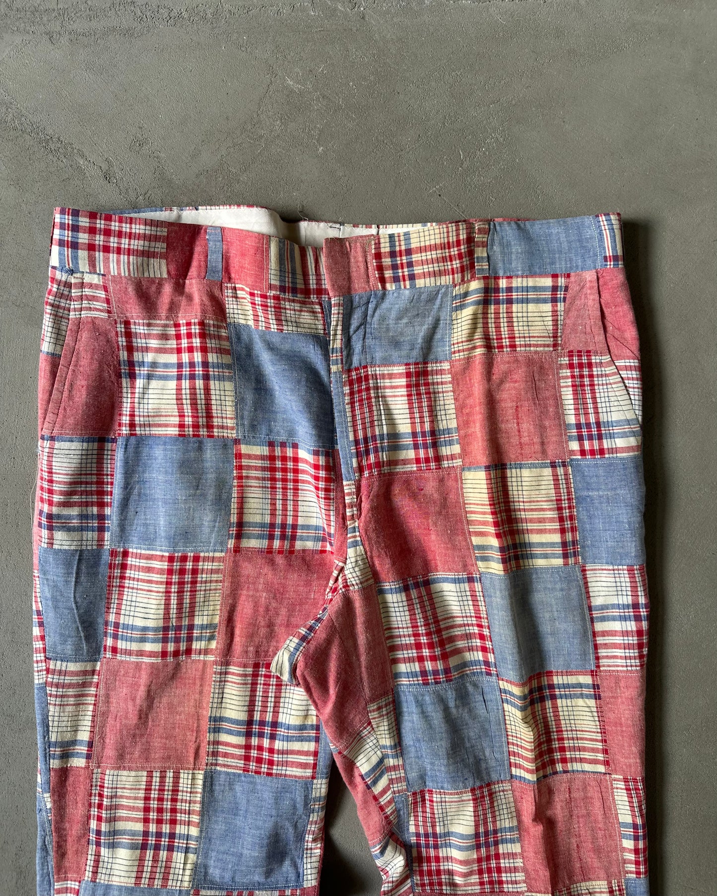 Années 70 - Pantalon Madras Patchwork Rouge/Bleu - 38x33