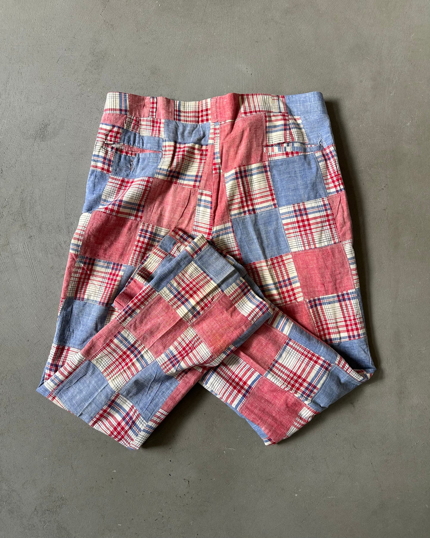 Années 70 - Pantalon Madras Patchwork Rouge/Bleu - 38x33
