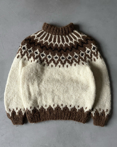 1970s - Cream/Brown Nordic Wool Sweater - XXS