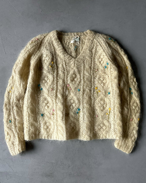 1960s - Cream Mohair Flower Sweater - XS