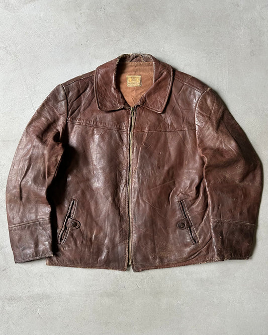Années 60 - Veste en cuir soviétique marron vieilli - Taille L