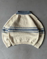 1970s - Cream/Blue Striped Wool Sweater - M