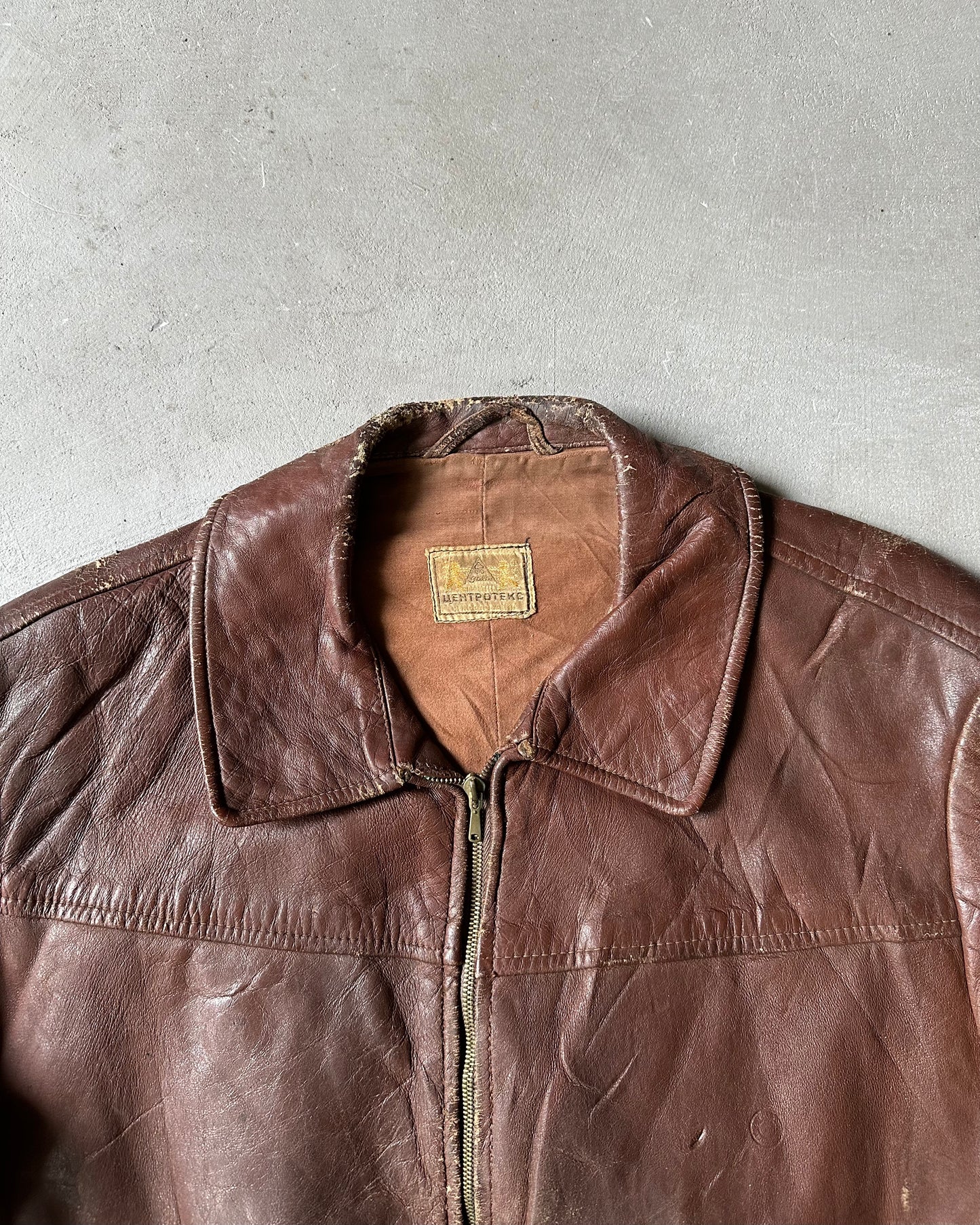 Années 60 - Veste en cuir soviétique marron vieilli - Taille L