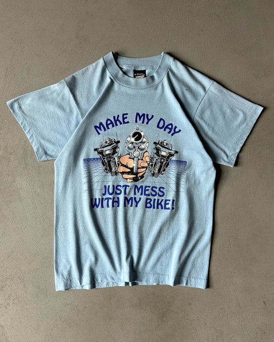 1990s - Light Blue "Mess With My Bike" T-Shirt - S/M