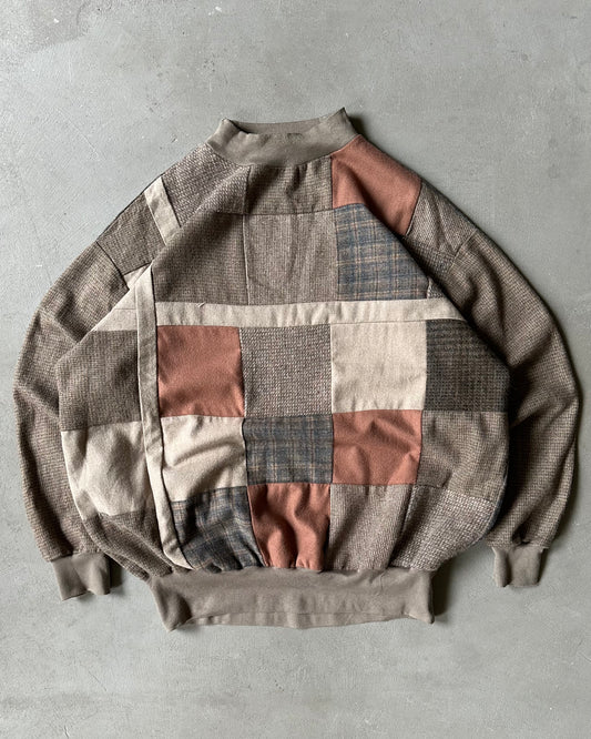 Années 80 - Pull col ras du cou en patchwork de tweed gris/orange - XL