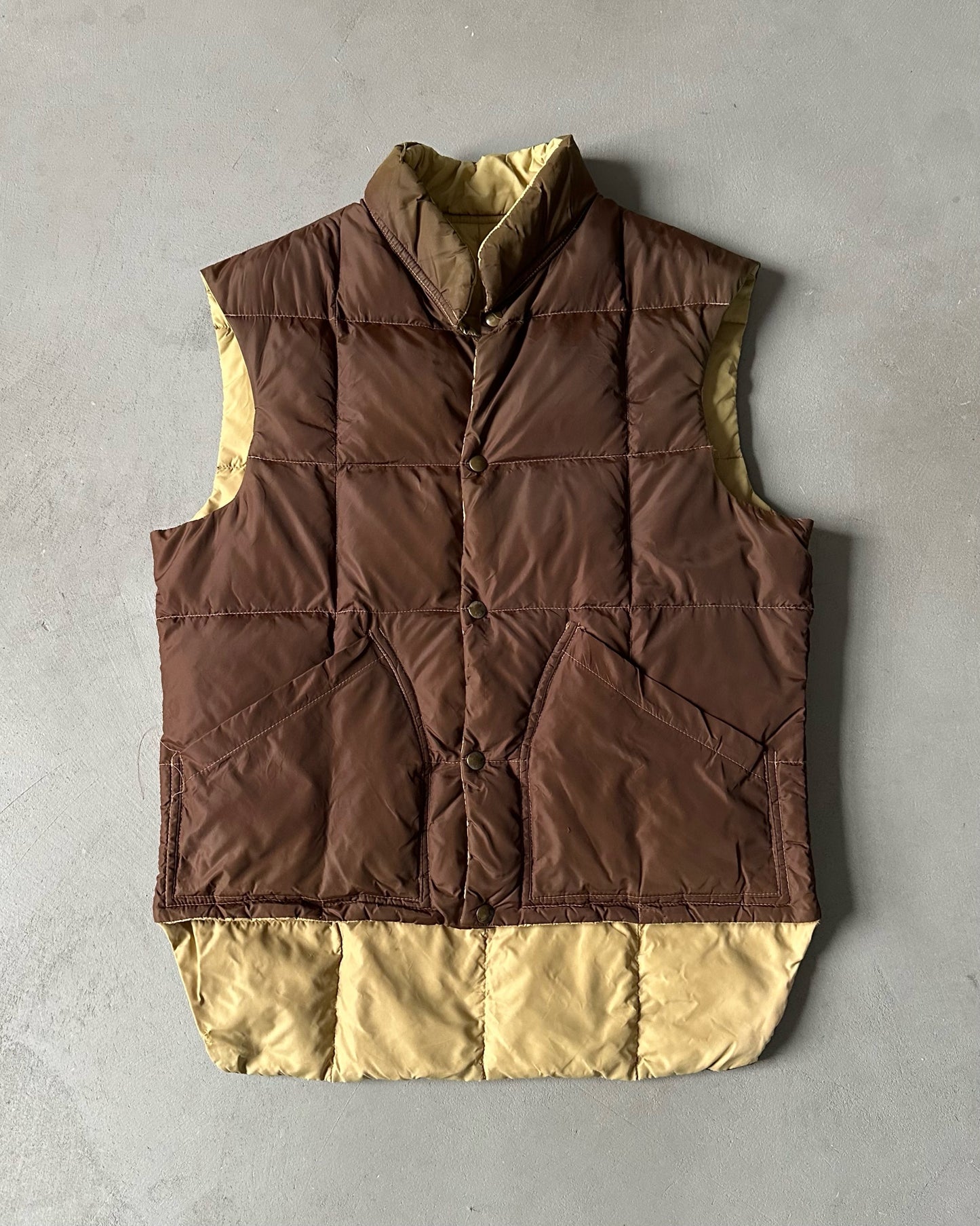 1970s - Faded Brown/Beige Reversible Puffer Vest - M